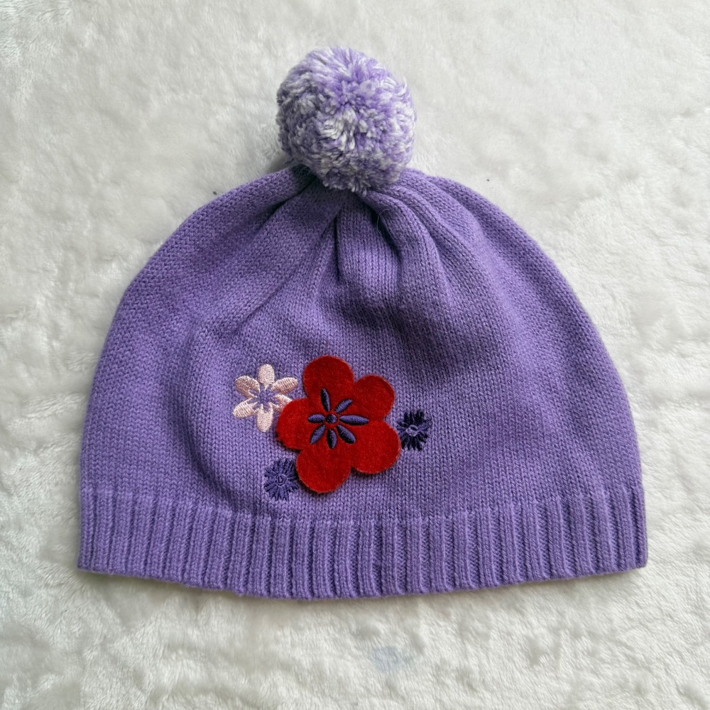 Disney Store Princess Beanie Kids XS Purple Flower Pom Pom  Beanie EUC